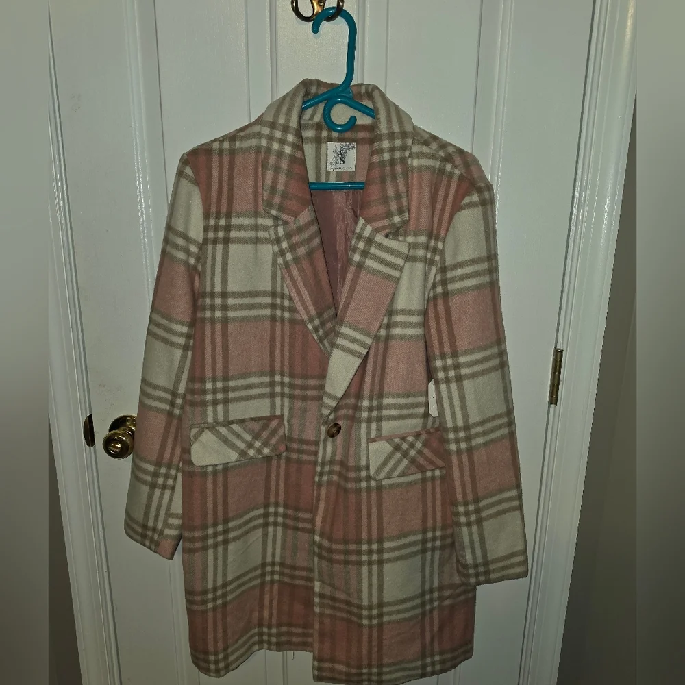 Altar'd State Pink and Cream Plaid Coat - Picture 2 of 6